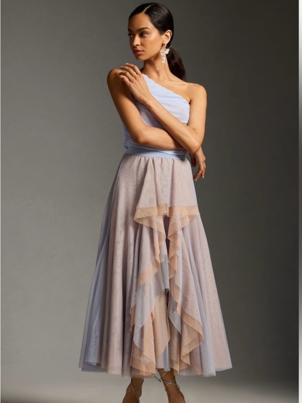 Anthropologie Women's Layered Tulle Midi Skirt in Taupe and Blue with Peach.